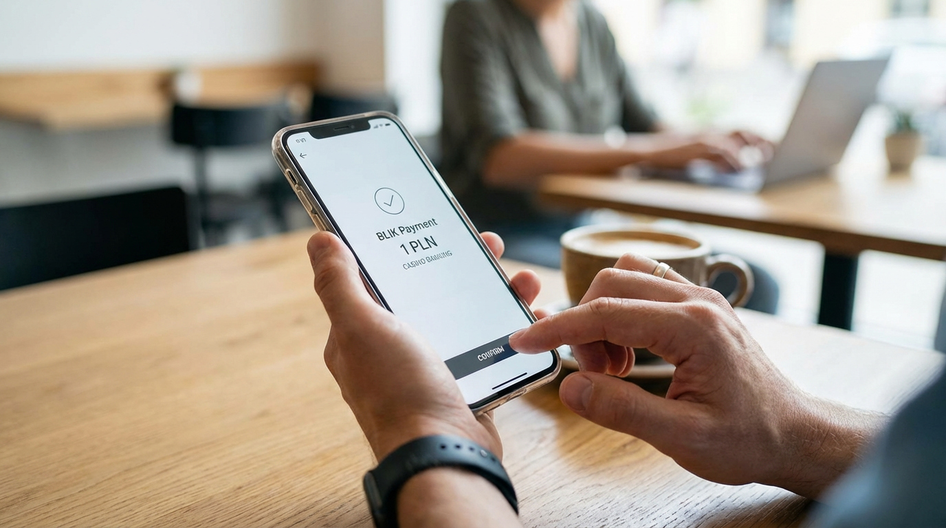 Close-up image of a person holding a phone with a casino interface open, making a BLIK deposit