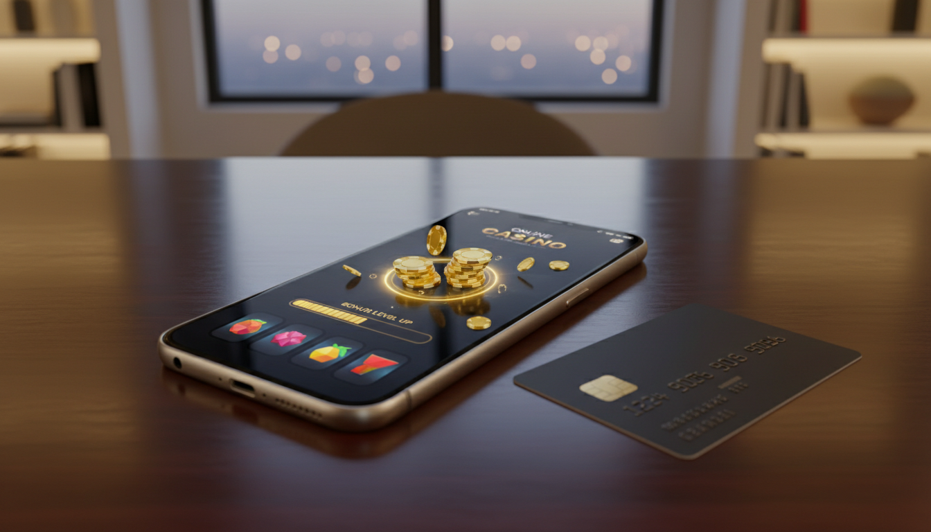 High-end smartphone displaying a modern online casino bonus interface on a sleek desk