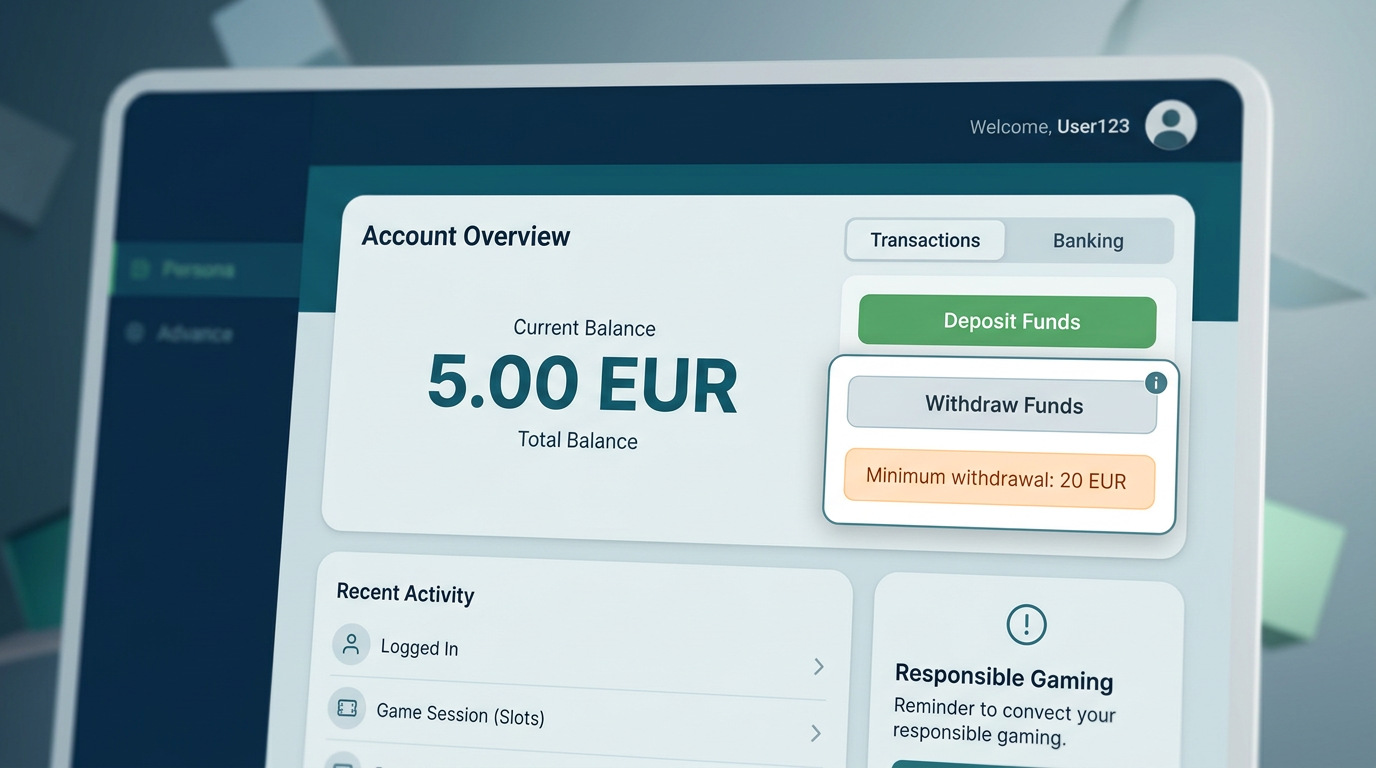 Wizualizacja interfejsu kasyna z komunikatem o minimalnej kwocie wypłaty wyższej niż obecne saldo